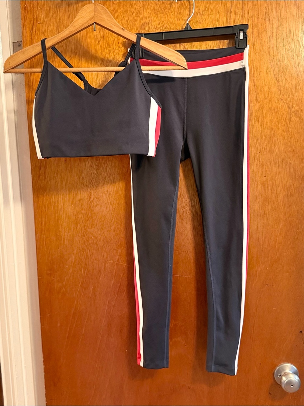 Splits59 Black\blue Leggings and Sports Bra Set with Red and White Trim